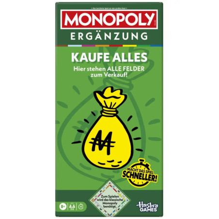Grüne Monopoly Ergänzung mit gelbem Geldsack und deutschem Text, der ein schnelleres Spiel bewirbt.