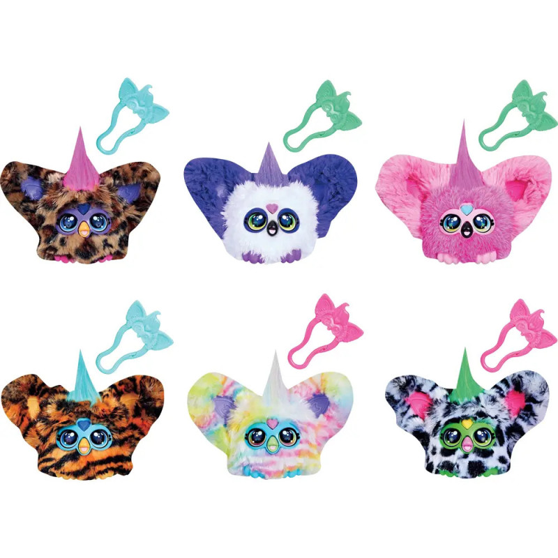 Fünf bunte Plüsch-Tiergesichter mit großen Ohren und Einhornhörnern, jeweils mit passendem Plastikkamm.