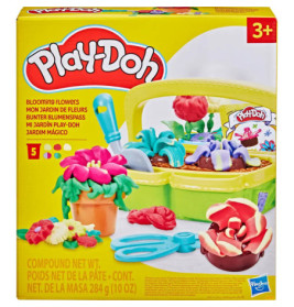 Play-Doh Blooming Flowers Set mit bunten Knetblumen, Gartengeräten und Korb, geeignet für Kinder ab 3 Jahren.