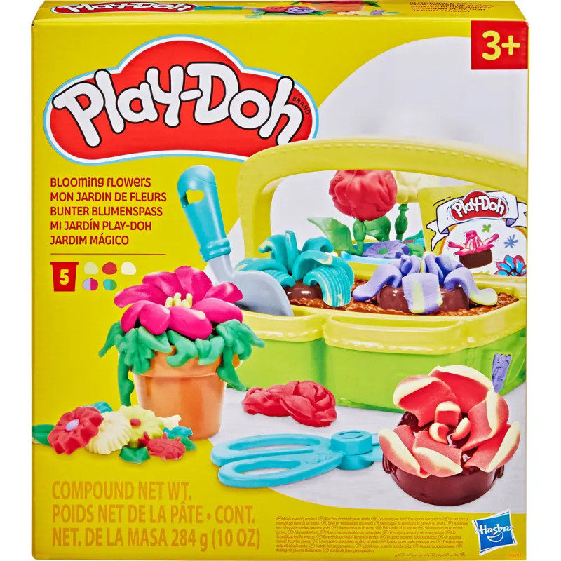 Play-Doh Blooming Flowers Set mit bunten Knetblumen, Gartengeräten und Korb, geeignet für Kinder ab 3 Jahren.