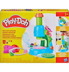 Play-Doh Light & Look Mikroskop-Spielset ab 3 Jahren, mit bunten Förmchen und Zubehör auf der Verpackung.