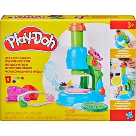 Play-Doh Light & Look Mikroskop-Spielset ab 3 Jahren, mit bunten Förmchen und Zubehör auf der Verpackung.
