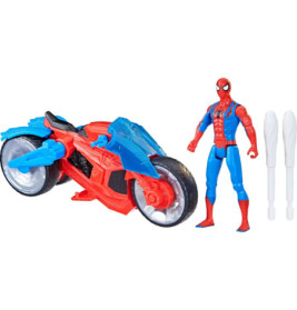 Spider-Man Figur mit rot-blauem Motorrad und zwei weißen Zubehörteilen vor weißem Hintergrund.