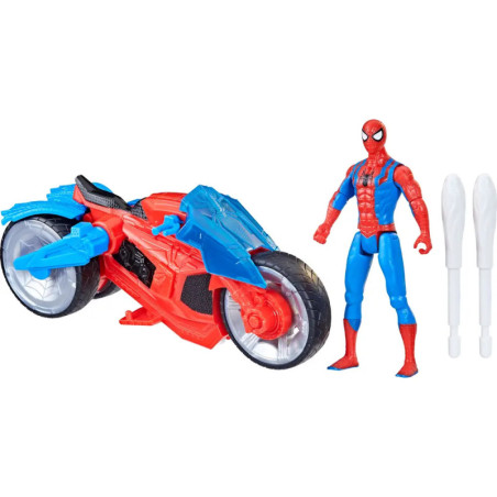 Spider-Man Figur mit rot-blauem Motorrad und zwei weißen Zubehörteilen vor weißem Hintergrund.