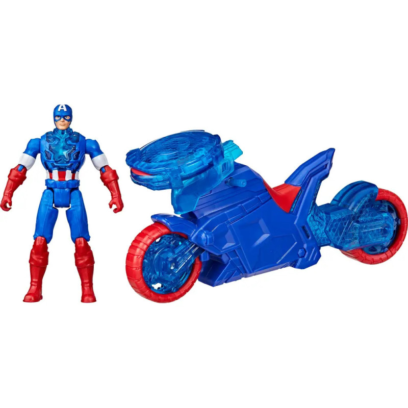 Captain America Figur steht neben einem blau-roten Spielzeug-Motorrad mit teildurchsichtigen blauen Elementen. Captain America Figur steht neben einem blau-roten Spielzeug-Motorrad mit teildurchsichtigen blauen Elementen.