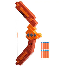 Orangefarbener Nerf-Bogen im Minecraft-Stil mit Pixel-Design und sechs Schaumstoffpfeilen mit blauen Spitzen.