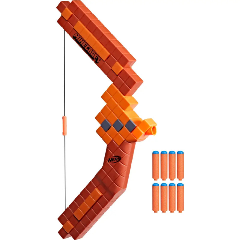 Orangefarbener Nerf-Bogen im Minecraft-Stil mit Pixel-Design und sechs Schaumstoffpfeilen mit blauen Spitzen.