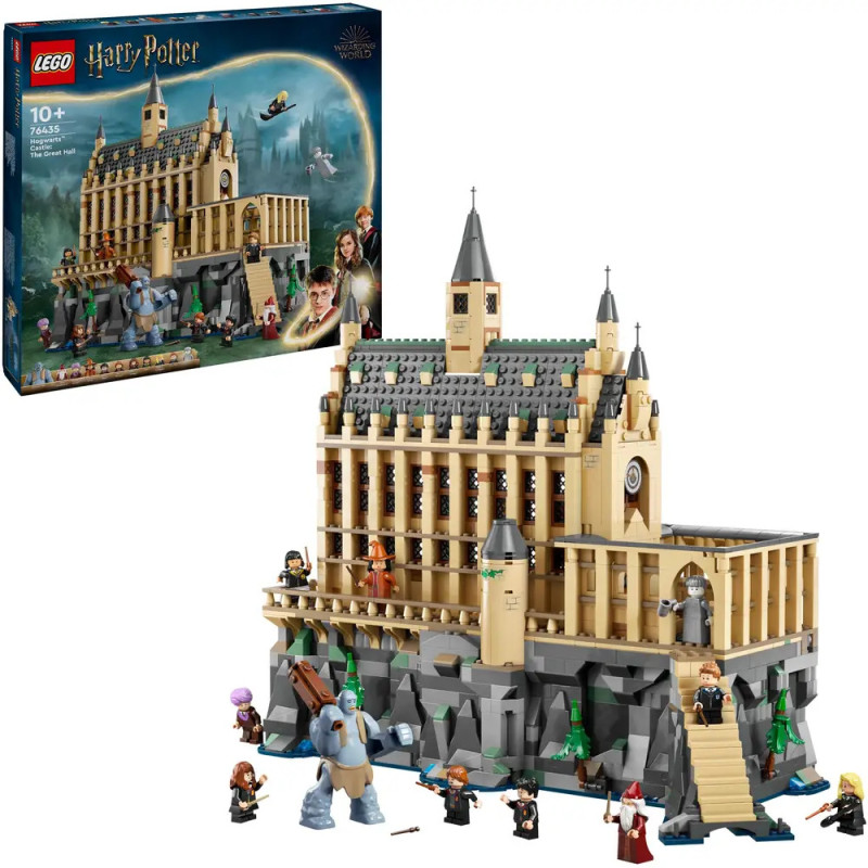 LEGO Harry Potter Hogwarts Set mit Minifiguren, Schloss und Verpackung im Hintergrund.