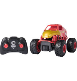 Rot-gelber ferngesteuerter Monstertruck mit großen Reifen, daneben ein schwarzer drahtloser Controller.