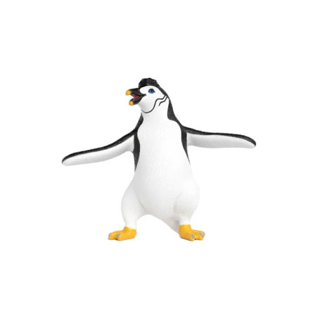 Spielzeug-Pinguin mit ausgebreiteten Flügeln, gelben Füßen und offenem Schnabel auf weißem Hintergrund.