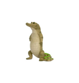 Eine aufrecht stehende Alligatorfigur mit grünen Akzenten am Schwanz, die auf zwei Beinen steht.