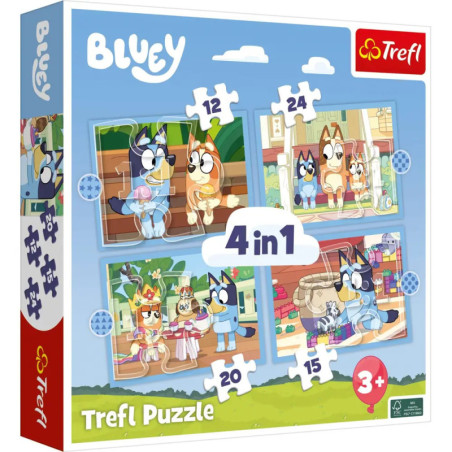 Bluey 4-in-1 Trefl Puzzle, Cartoon-Hundemotive, ab 3 Jahren, 12-24 Teile.