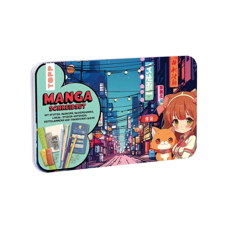 Manga-Stiftebox mit Anime-Mädchen und Katze vor einer neonbeleuchteten Großstadt-Kulisse.