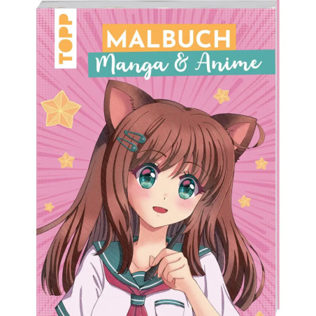 Anime-Mädchen mit Katzenohren und grünen Augen auf pinkem Manga-Malbuchcover mit Sternen.