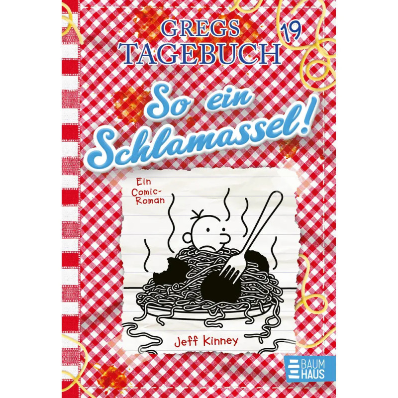 Cover von Gregs Tagebuch 19: Cartoon-Junge mit Gabel in Spaghetti, vor rotem Karo-Hintergrund.