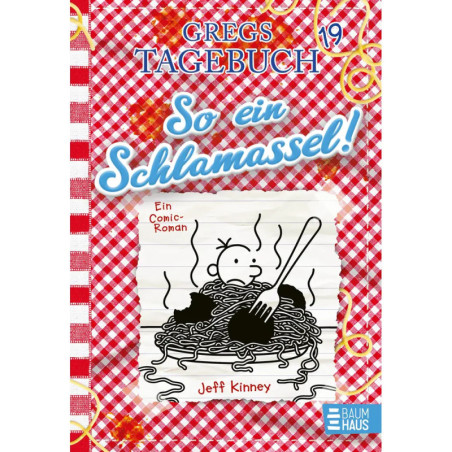 Cover von Gregs Tagebuch 19: Cartoon-Junge mit Gabel in Spaghetti, vor rotem Karo-Hintergrund.