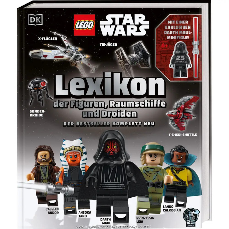 LEGO Star Wars Lexikon: Buchcover mit Minifiguren, Raumschiffen und Darth Maul zentral abgebildet.