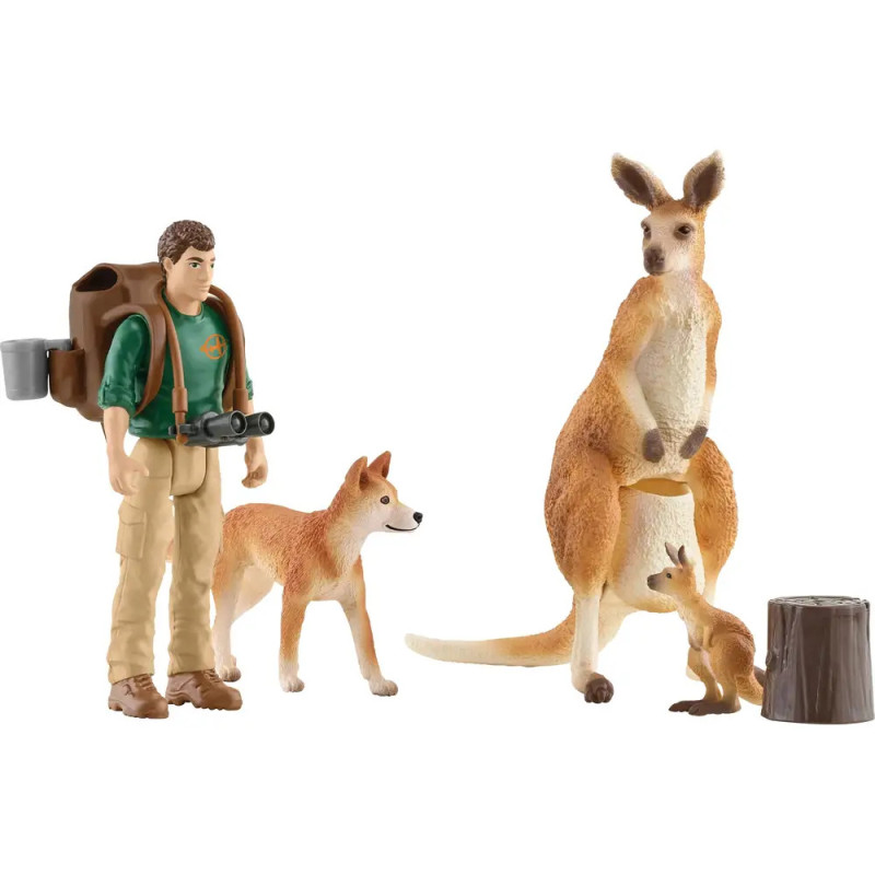 Spielfiguren: Mann mit Rucksack, zwei Dingos, Känguru mit Jungtier und ein Baumstumpf.