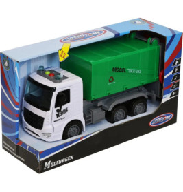 Spielzeug-Müllwagen mit grünem Container in blau-schwarzer Speedzone-Box, beschriftet mit Müllwagen.