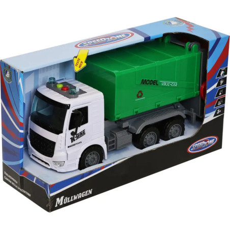 Spielzeug-Müllwagen mit grünem Container in blau-schwarzer Speedzone-Box, beschriftet mit Müllwagen.