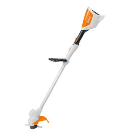 Weiß-orange STIHL Akku-Rasentrimmer mit geradem Schaft und Zusatzgriff.