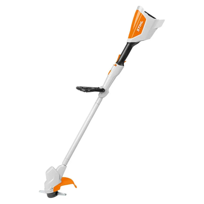 Weiß-orange STIHL Akku-Rasentrimmer mit geradem Schaft und Zusatzgriff.