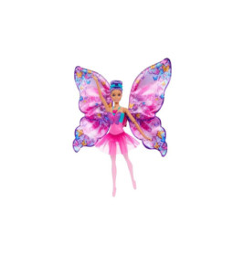 Barbie-Puppe als Fee mit großen rosa-lila Flügeln, rosa Kleid und blauem Haarband.