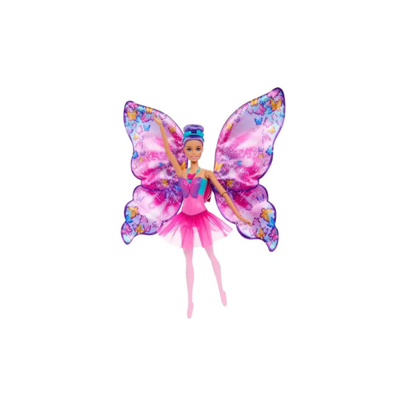 Barbie-Puppe als Fee mit großen rosa-lila Flügeln, rosa Kleid und blauem Haarband. Barbie-Puppe als Fee mit großen rosa-lila Flügeln, rosa Kleid und blauem Haarband.