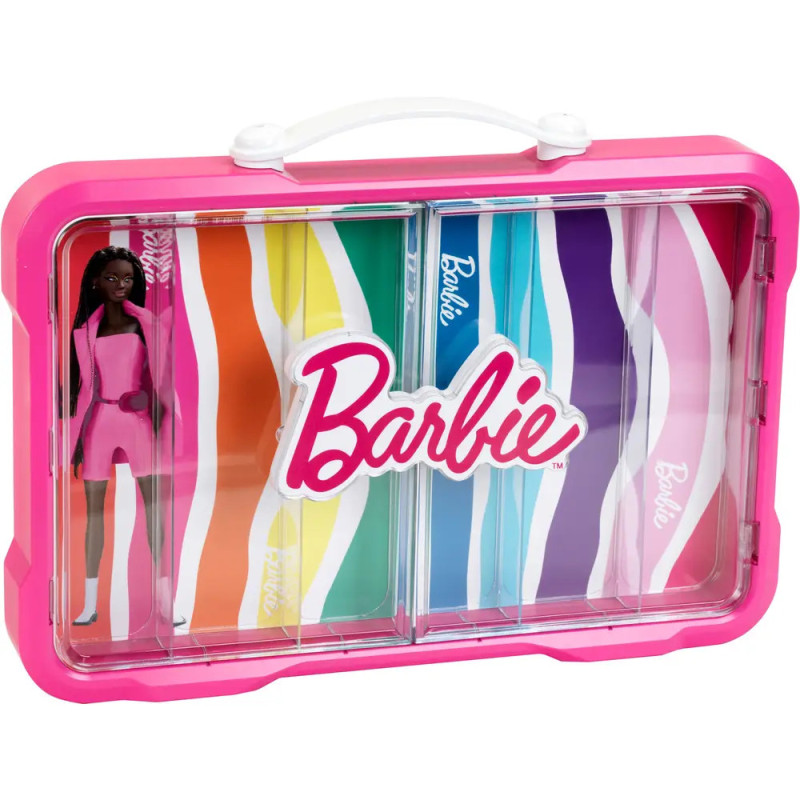 Barbie-Puppe mit Zubehör in einem rosa Kunststoffkoffer mit weißem Griff und Barbie-Schriftzug.