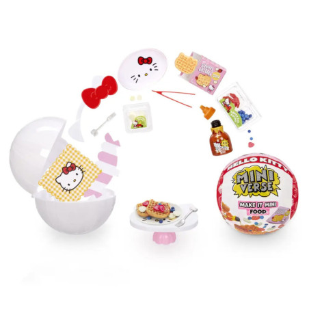 Hello Kitty Mini-Spielset: Kleine Lebensmittel, Besteck und Verpackungen sind kreisförmig angeordnet.