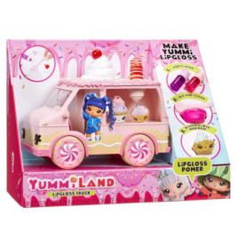Pinker Spielzeug-Lipgloss-Truck mit Puppe, Dessertmotiven und Anleitung zur Lipglosserstellung auf der Verpackung.