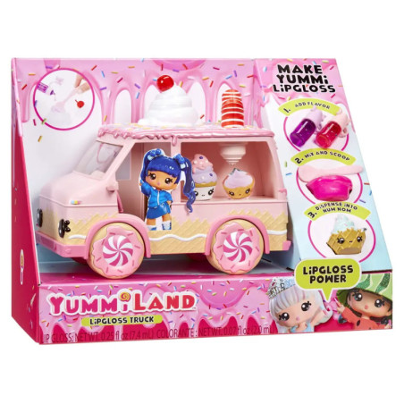 Pinker Spielzeug-Lipgloss-Truck mit Puppe, Dessertmotiven und Anleitung zur Lipglosserstellung auf der Verpackung.