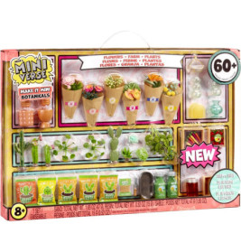 Miniatur-Botanikset mit Blumen, Pflanzen, Werkzeugen und Zubehör in einer bunten, transparenten Box.