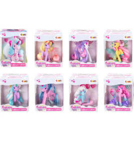 Acht bunte Einhornfiguren in Sammlerboxen, in zwei Reihen zu je vier Stück angeordnet.