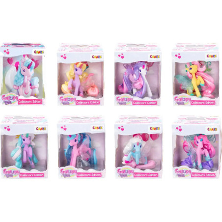 Acht bunte Einhornfiguren in Sammlerboxen, in zwei Reihen zu je vier Stück angeordnet.