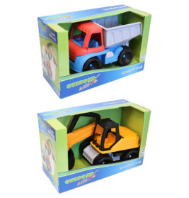 Zwei Spielzeugfahrzeuge, Muldenkipper und Bagger, in grün-blauer Verpackung ausgestellt.