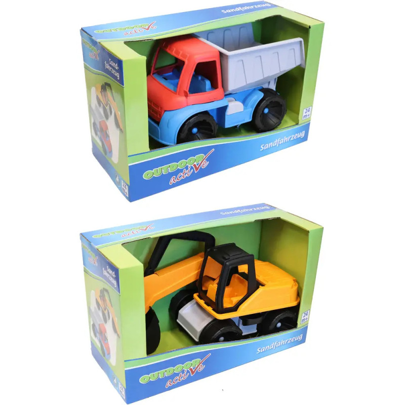 Zwei Spielzeugfahrzeuge, Muldenkipper und Bagger, in grün-blauer Verpackung ausgestellt.