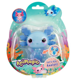Animagic Lets Glo Axolotl Spielzeug in bunter Verpackung mit blau-pinkem Wasserwelt-Design.