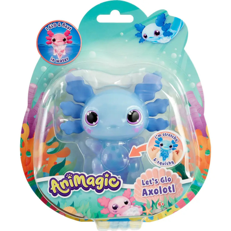 Animagic Lets Glo Axolotl Spielzeug in bunter Verpackung mit blau-pinkem Wasserwelt-Design. Animagic Lets Glo Axolotl Spielzeug in bunter Verpackung mit blau-pinkem Wasserwelt-Design.