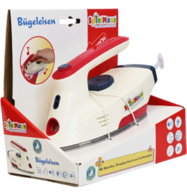Spielzeugeisen im Karton mit rotem Griff, Tasten und Soundfunktion, geeignet ab 3 Jahren.