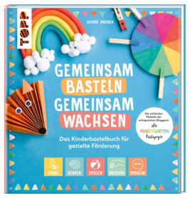 Deutsches Kinderbastelbuch mit Regenbogen, Sonne, Fuchs und Wolke auf blauem Hintergrund.