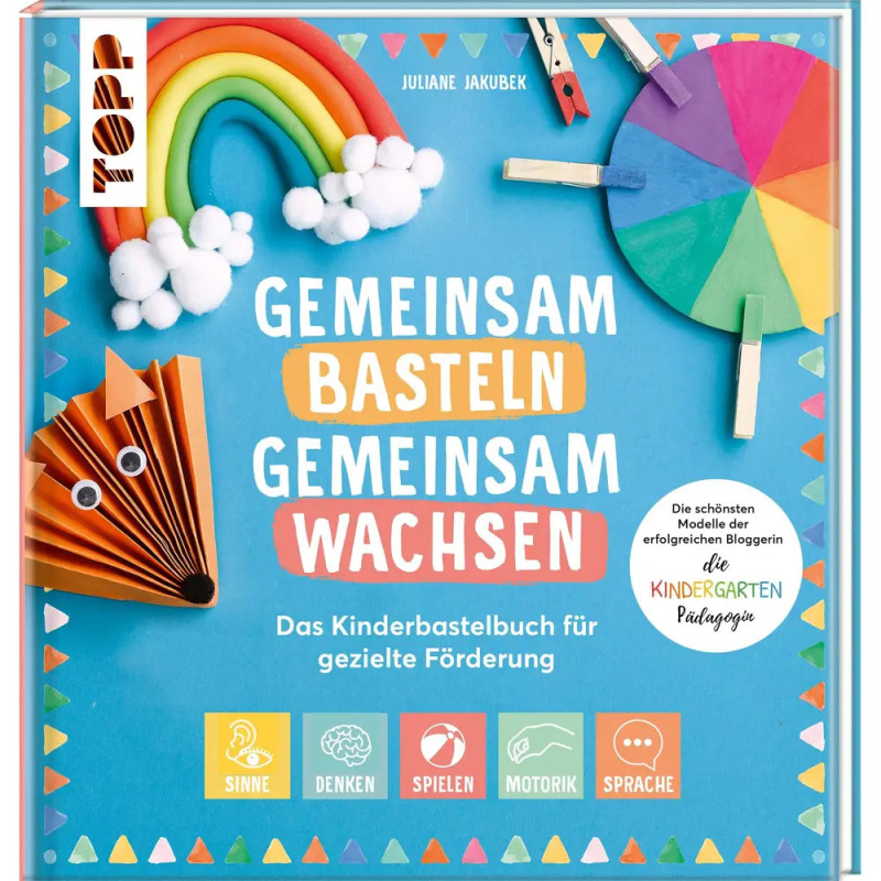 Deutsches Kinderbastelbuch mit Regenbogen, Sonne, Fuchs und Wolke auf blauem Hintergrund.