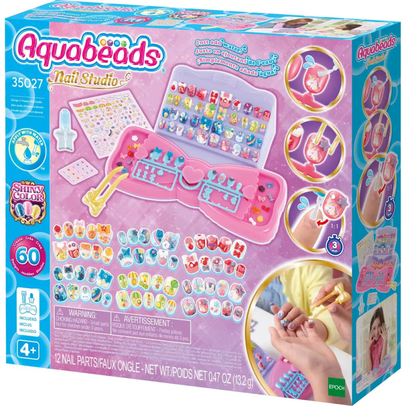Aquabeads Nail Studio Set mit Nagelaccessoires, bunten Perlen und Musterbeispielen auf der Verpackung.