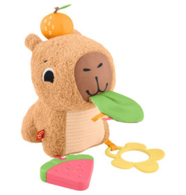Plüschbär mit Orange auf dem Kopf, grüner Zunge sowie befestigten Erdbeer- und Blüten-Beißringen.