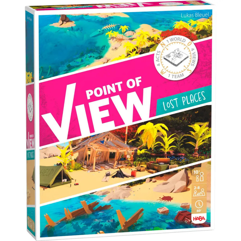 Box der Point of View: Lost Places mit Illustrationen einer Tropeninsel und einer Holzhütte.