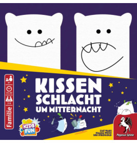 Zwei Kissenfiguren mit lächelnden Gesichtern auf einer Spielschachtel Kissenschlacht um Mitternacht.