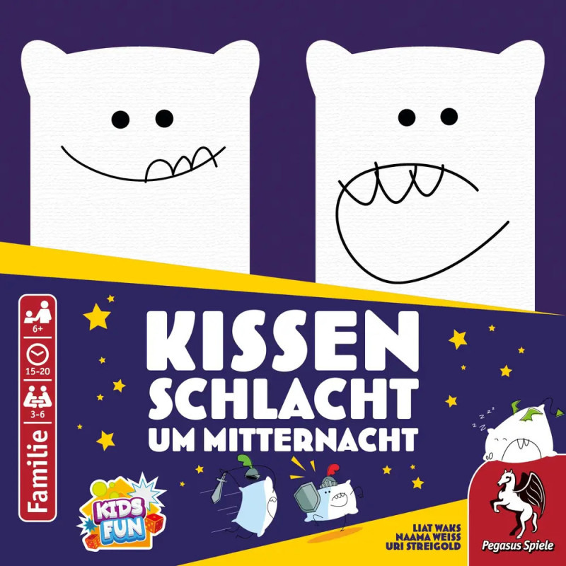 Zwei Kissenfiguren mit lächelnden Gesichtern auf einer Spielschachtel Kissenschlacht um Mitternacht.