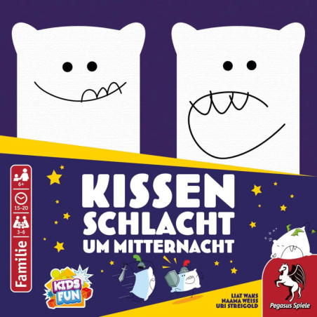 Zwei Kissenfiguren mit lächelnden Gesichtern auf einer Spielschachtel Kissenschlacht um Mitternacht.