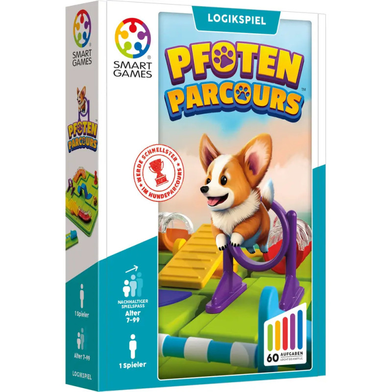 Spielschachtel von Pfoten Parcours mit Cartoon-Corgi, der durch einen Agility-Reifen auf buntem Parcours springt.