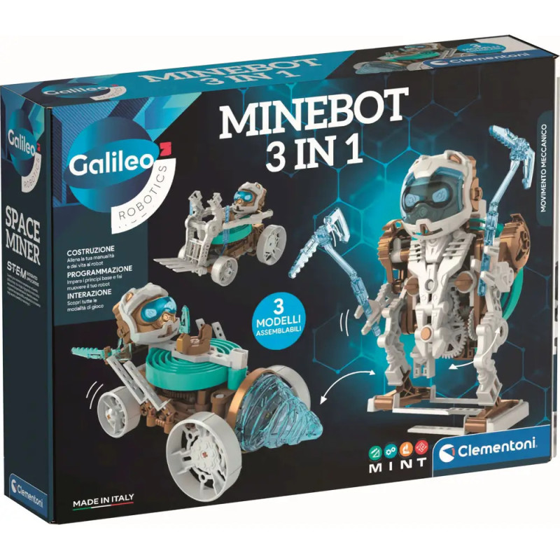 Galileo Minebot 3-in-1 Robotik-Kit mit Abbildungen der Roboter und Montagefunktionen.